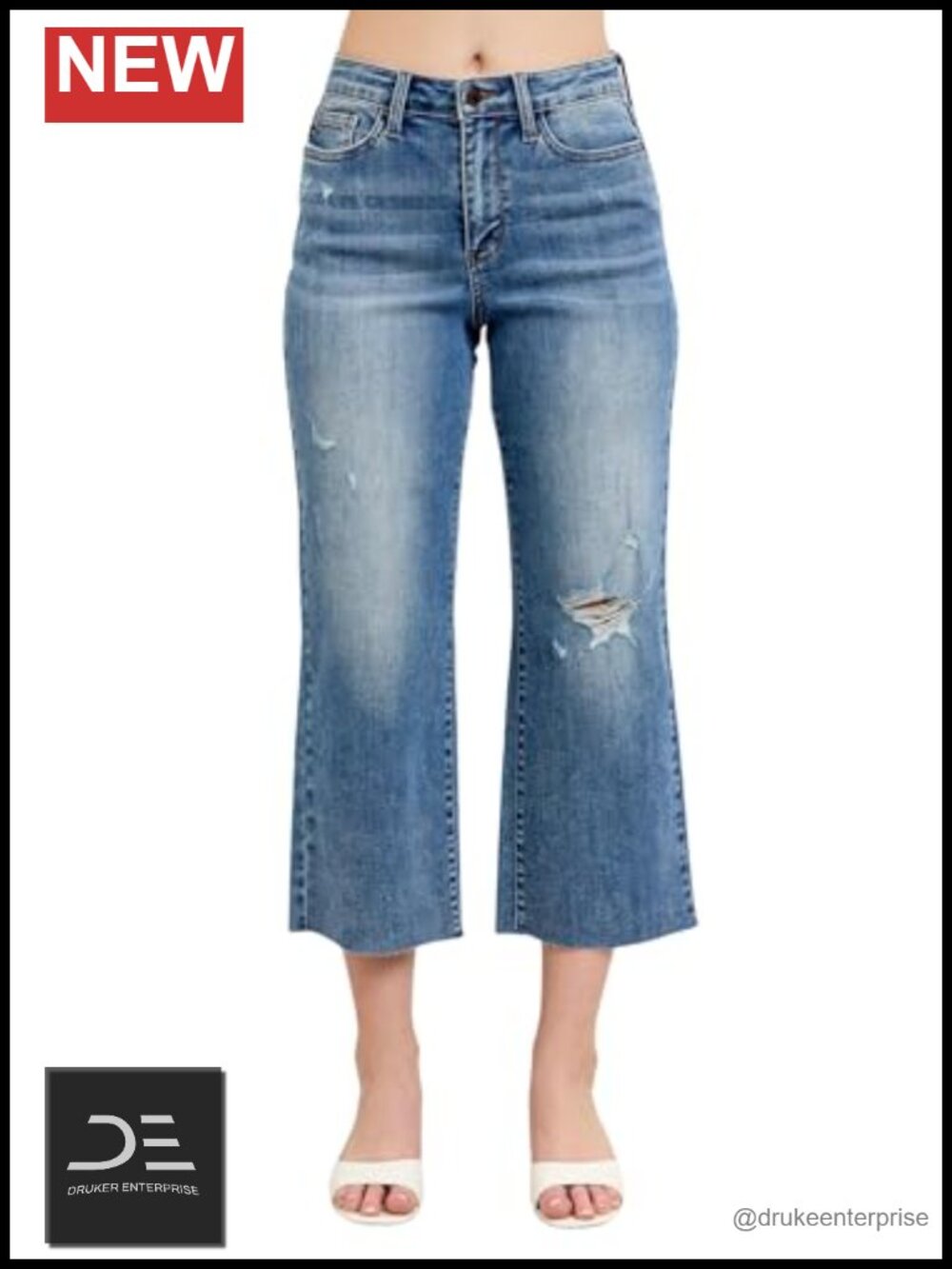 High Waist Wide Leg Crop Jeans with Embroidery Back Pockets Raw Hem